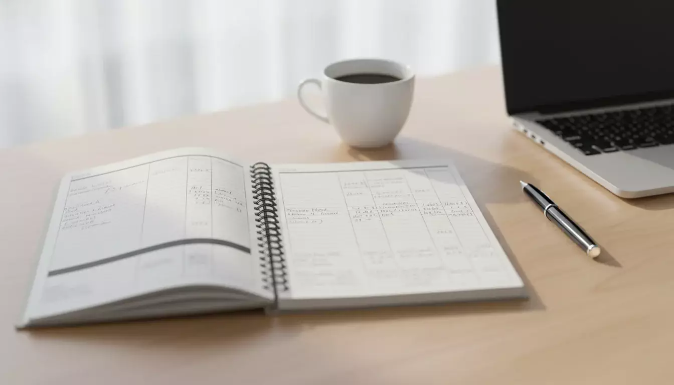 Carnet de gestion de bankroll paris sportifs ouvert sur un bureau avec stylo et notes de suivi des mises