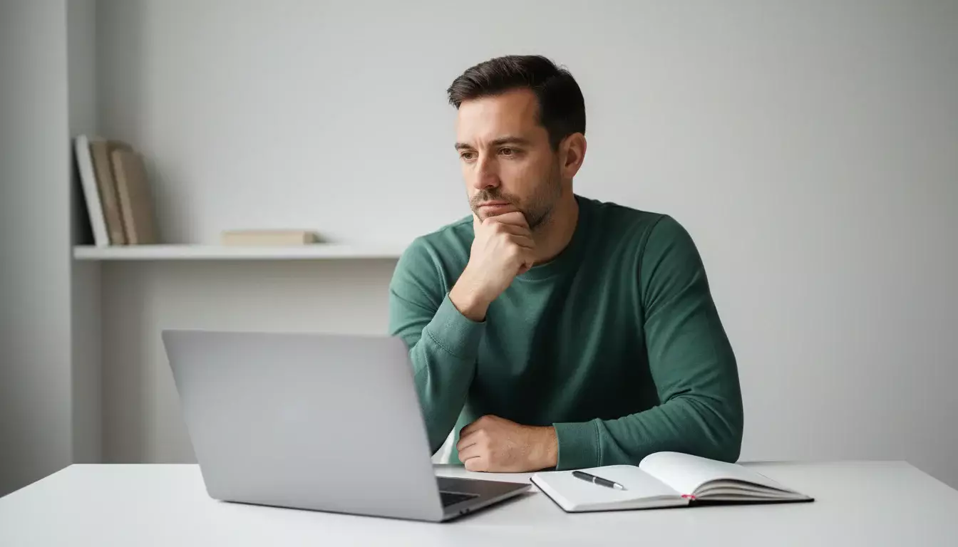 Homme pensif prenant du recul devant son bureau, illustrant la maîtrise des émotions en paris sportifs