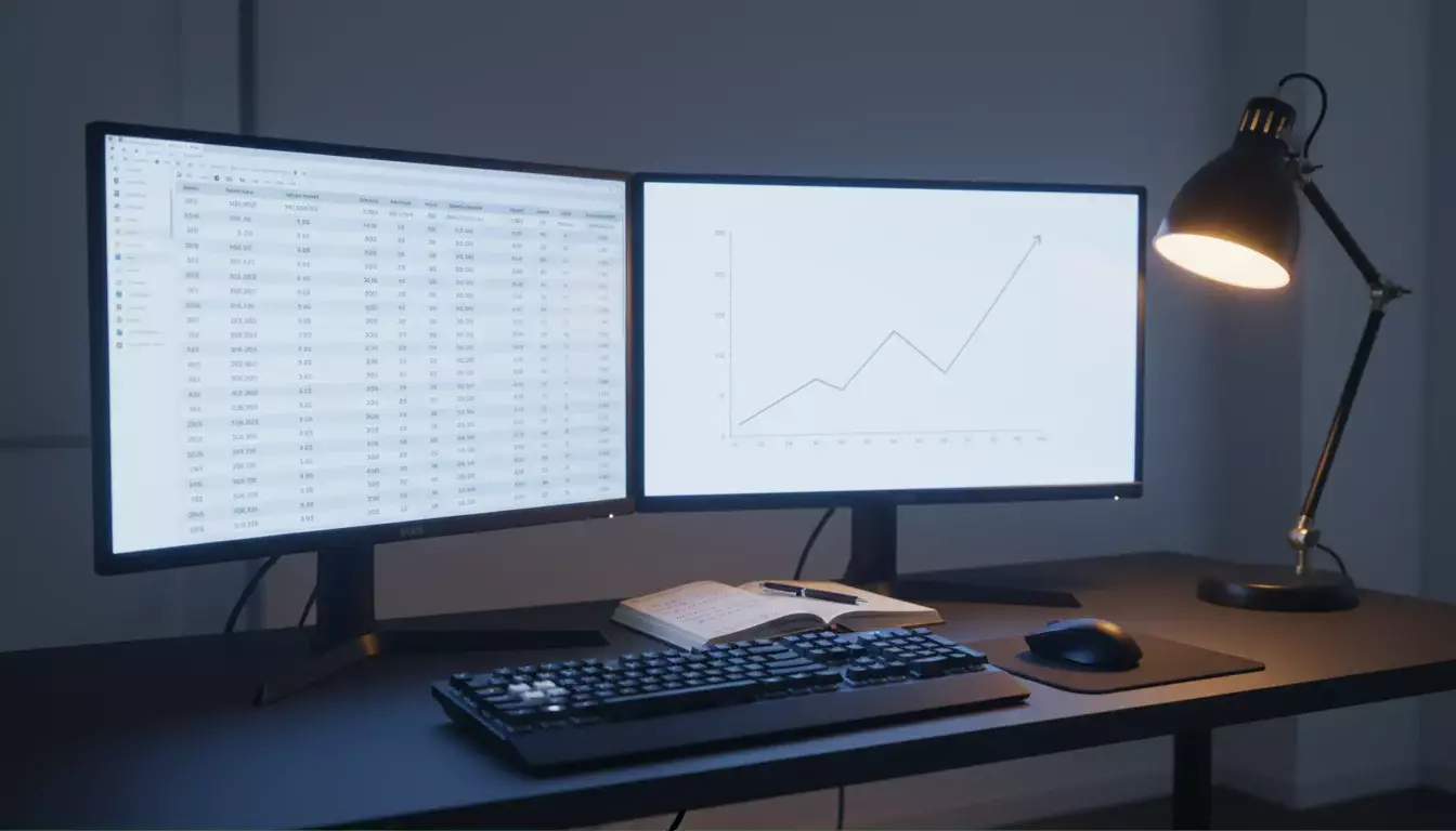 Poste de travail avec deux écrans affichant des données d'analyse pour stratégies avancées de paris sportifs